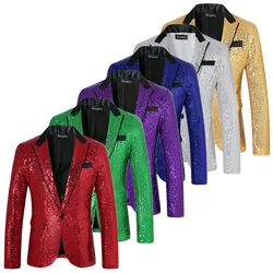 New Men Luxury Sequin Suit One Button Jacket Red / Purple Fashion Singer Host Wedding Prom Party Stage Performance Dress Blazer