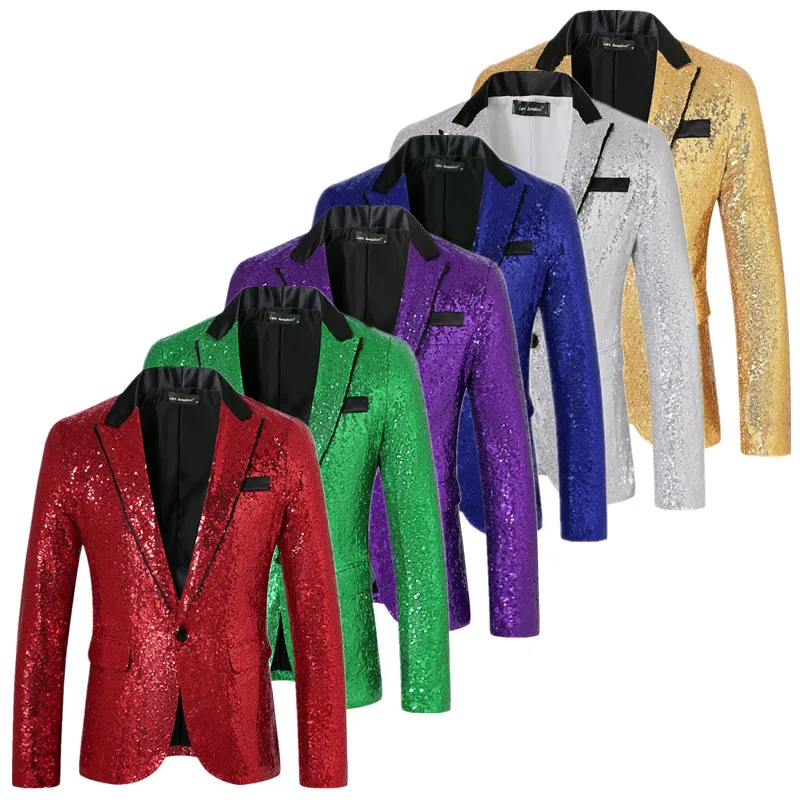 New Men Luxury Sequin Suit One Button Jacket Red / Purple Fashion Singer Host Wedding Prom Party Stage Performance Dress Blazer