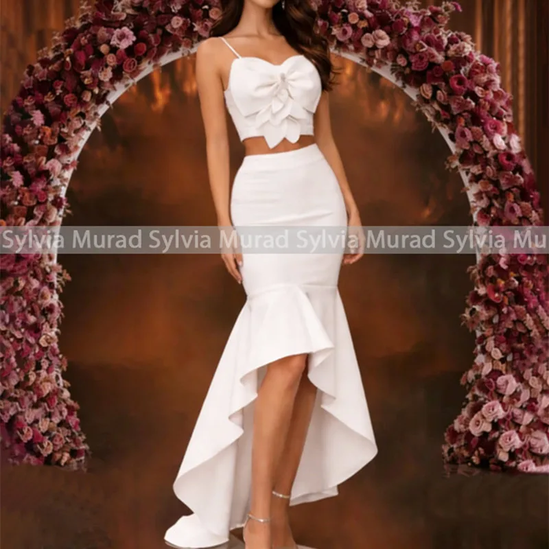 Two Piece Evening Dress High Low Mermaid Bows Spaghetti Straps Crop Top  Customized White Satin Trumpet Party Prom Dresses