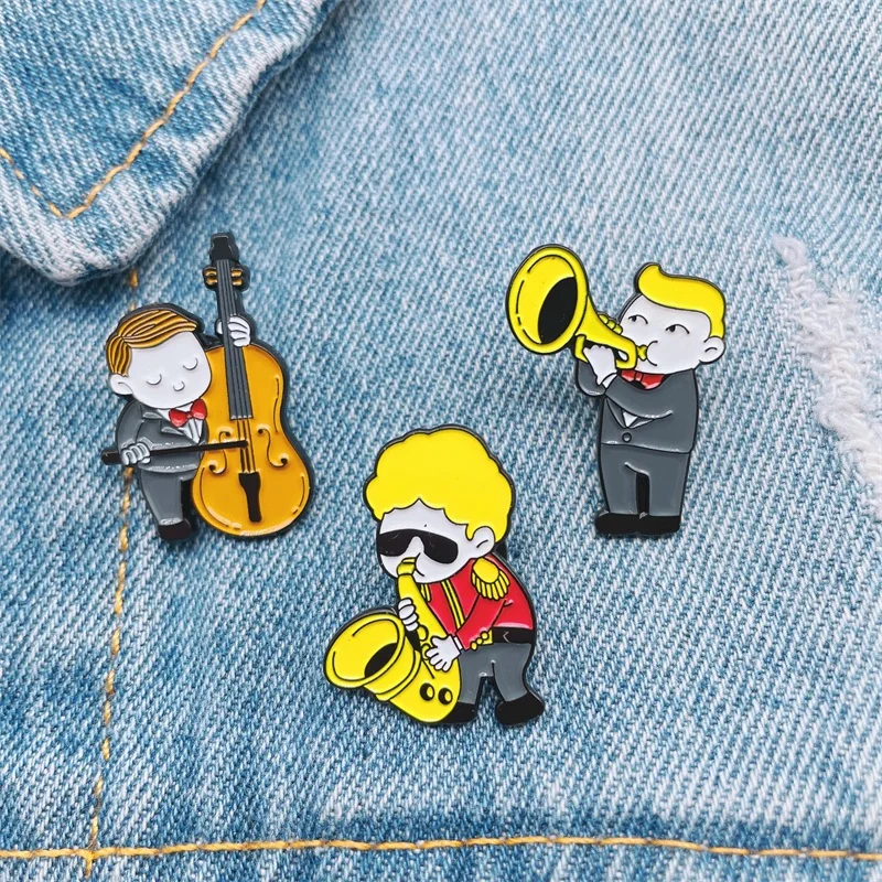 Creative Cute Characters Playing Music Enamel Pins Musical Instrument Saxophone Guitar Trumpet Alloy Brooch Badge Woman Jewelry