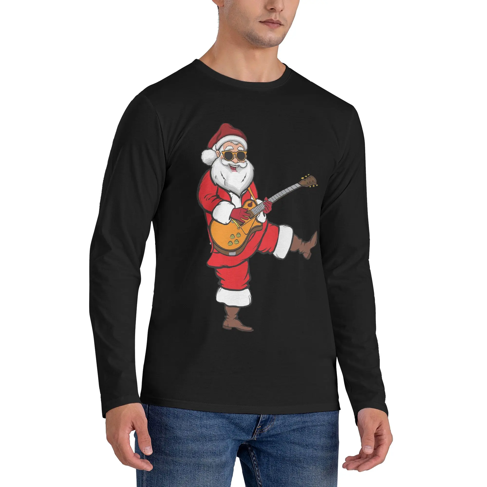 

Guitar Christmas Hard Rock Santa Claus Guitarist Gift Men's Long Sleeved T-shirt Round Neck T shirts Spring and Autumn Men tops