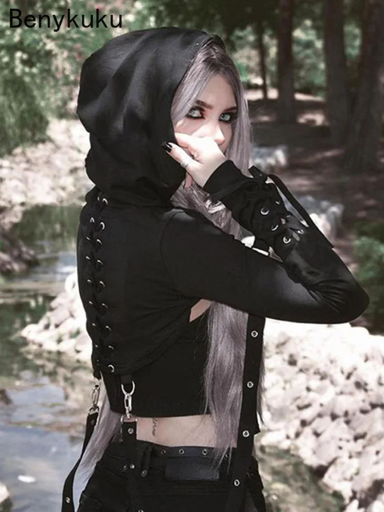 Y2K Gothic Hoodies Hooded Long Sleeve Eyelet Suspenders Solid Black Crop Sweatshirt For Woman Streetwear Punk Hoodies 2024