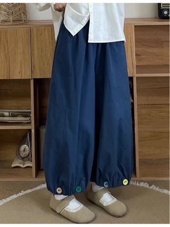 

Artistic Design Button Lantern Pants High Waist Elastic Waist Slimming Nine-Piece Casual Pants Autumn for Women