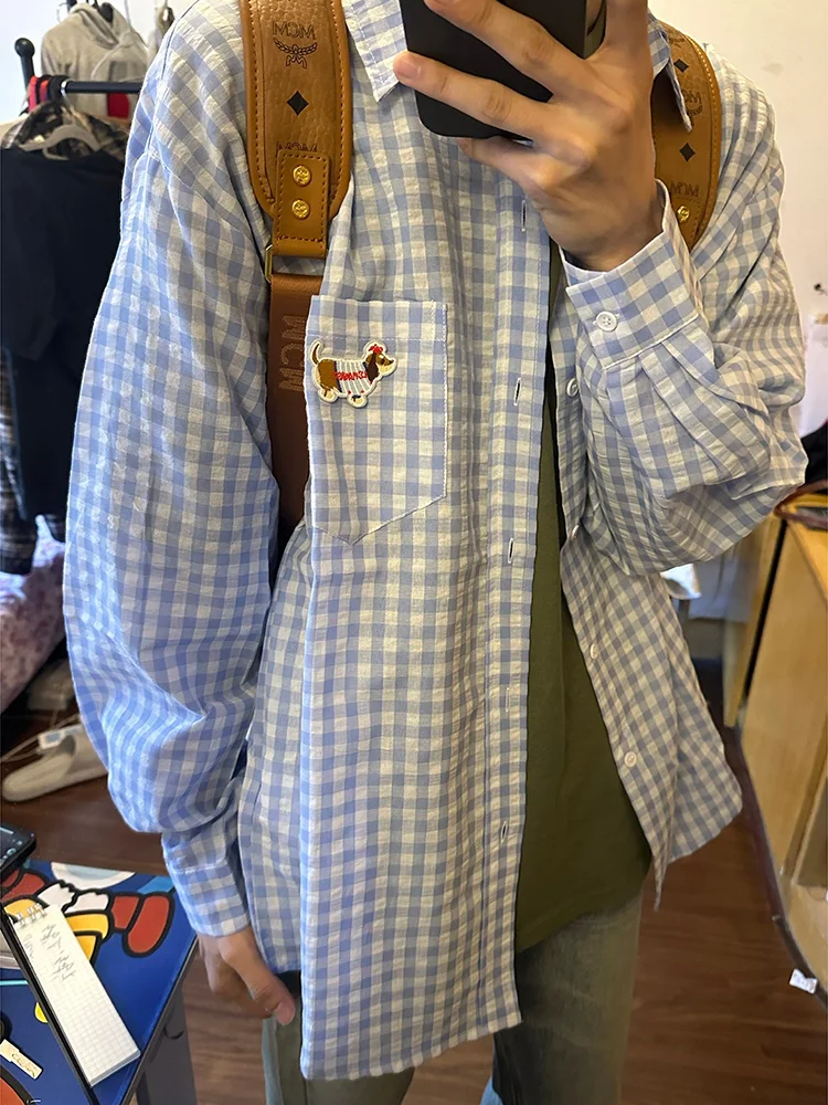 

Синяя клетчатая рубашка с длинным рукавом, свободного кроя, летняя, для отдыха, с защитой от солнца, в американском студенческом стиле, для пар, дышащая верхняя одежда
