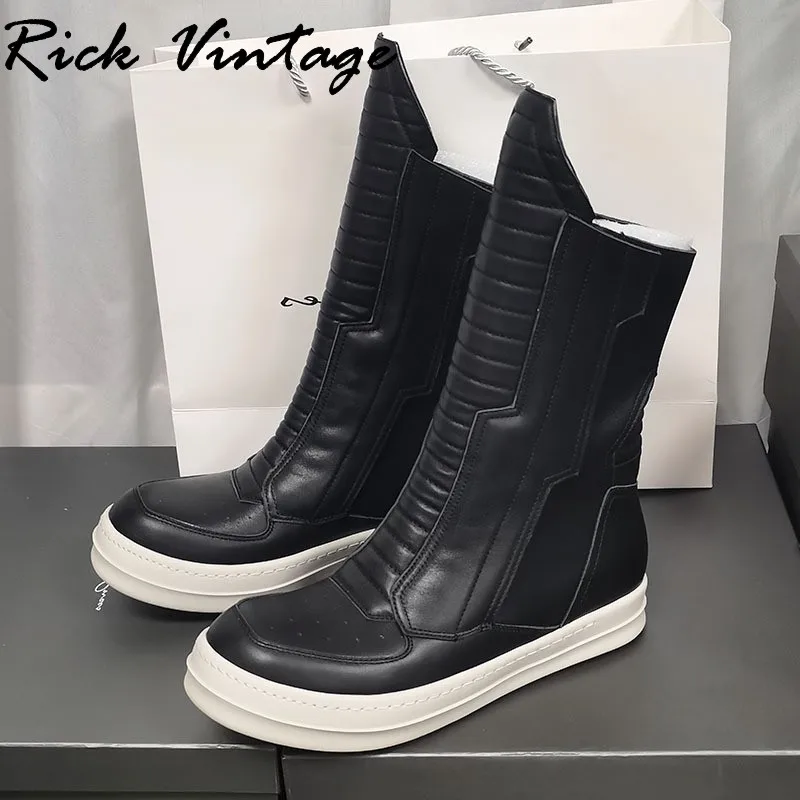 Rick Vintage Women Motorcycle Leather Boots Men Luxury Mid-Calf Winter Riding Boots Shoes Casual Zip Flats Black Shoes Unisex