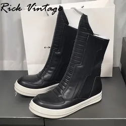 Rick Vintage Women Motorcycle Leather Boots Men Luxury Mid-Calf Winter Riding Boots Shoes Casual Zip Flats Black Shoes Unisex