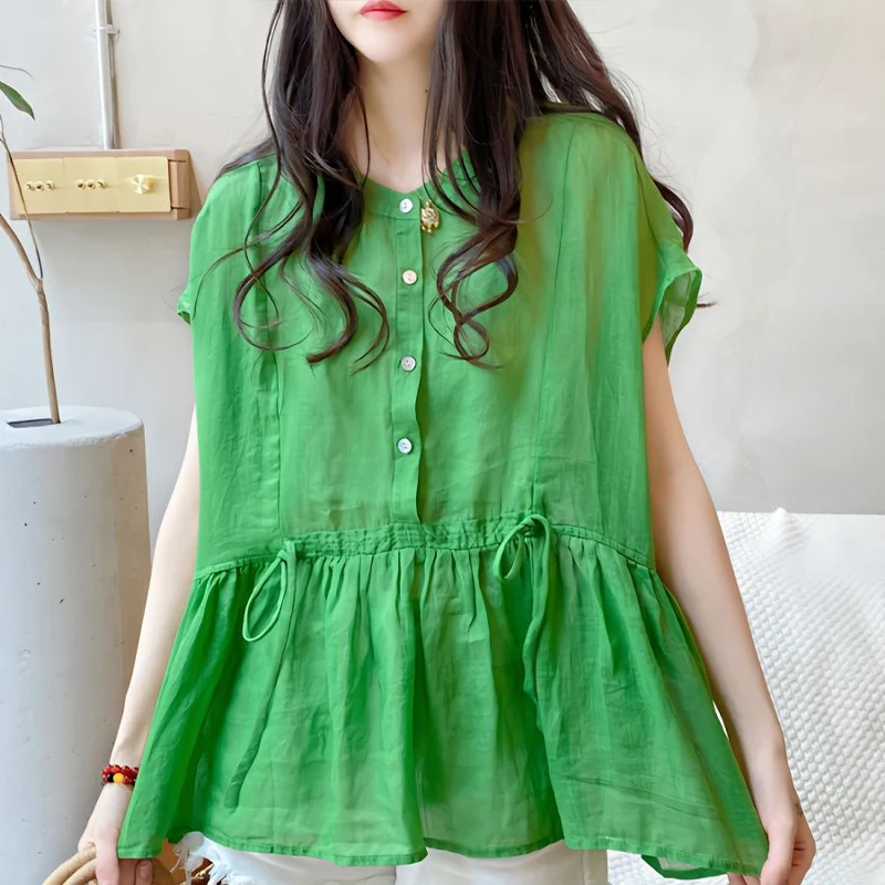 Pure Cotton Breathable Doll Shirt for Women\'s Summer Korean Version Loose Artistic Temperament Solid Color Slimming T-shirt Top