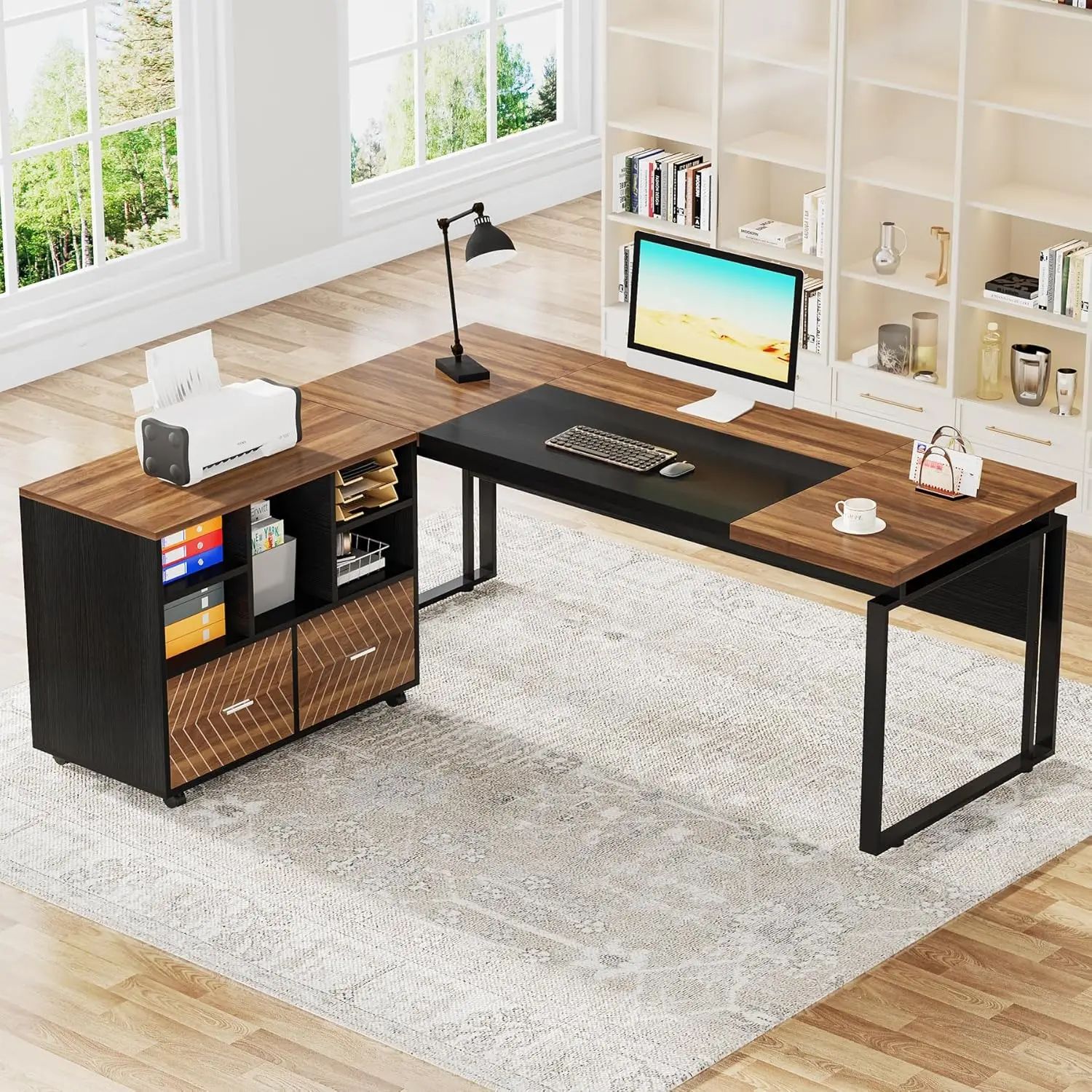 L Shaped Executive Desk with Reversible File Cabinet 63