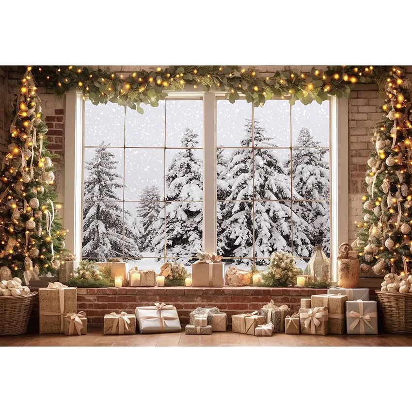 Mehofond Christmas Decor Backdrop Tree Window Door Snow Indoor Kids Portrait Photography Background Photo Studio Photobooth Prop