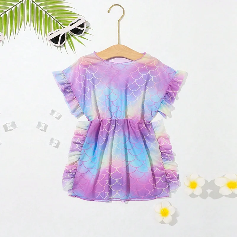 New Summer Kids Girls Fish Scales One-piece Swimsuit Bikini Cover Up Dress Ruffle Swim Dress Bathing Suit for Beach Pool Party ﻿