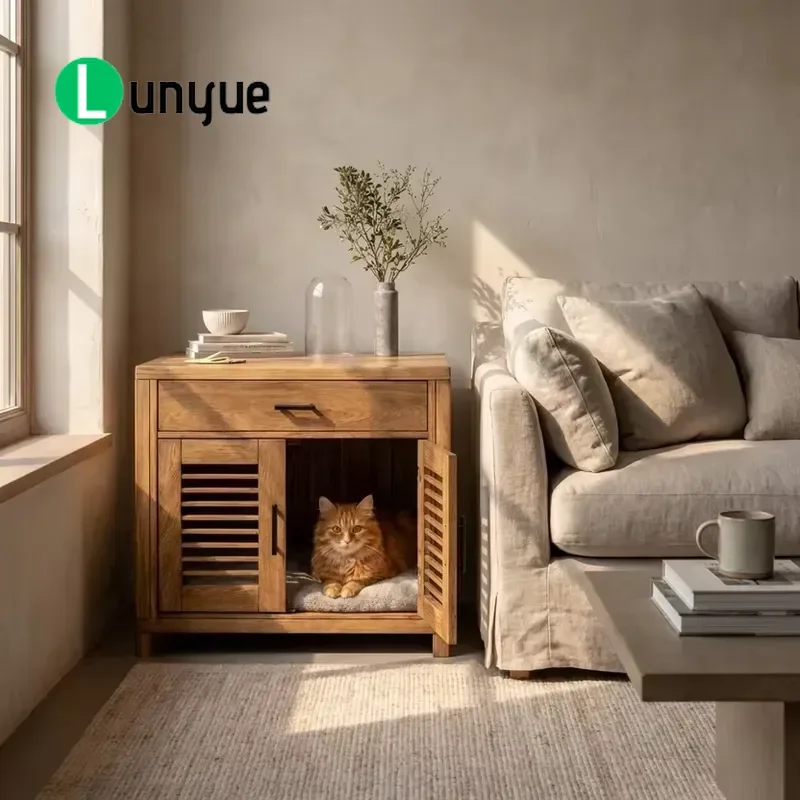 French Luxury Vintage Bohemian Solid Wood Bedside Table with Built-in Cat Dog Pet Bed Apartment Bedroom Furniture Nightstand
