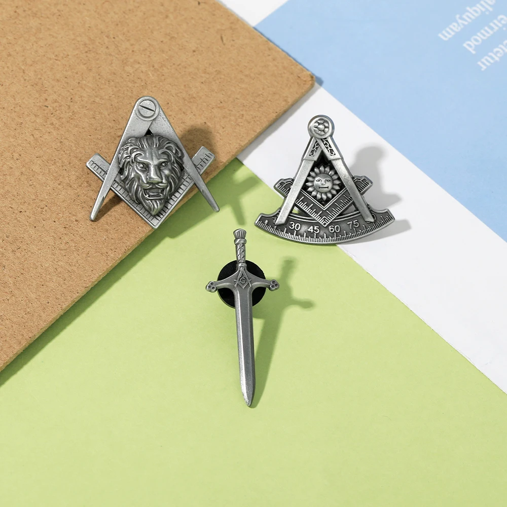 3 Styles Vintage Masonic Emblem Sword Shaped Brooches Sun Lion