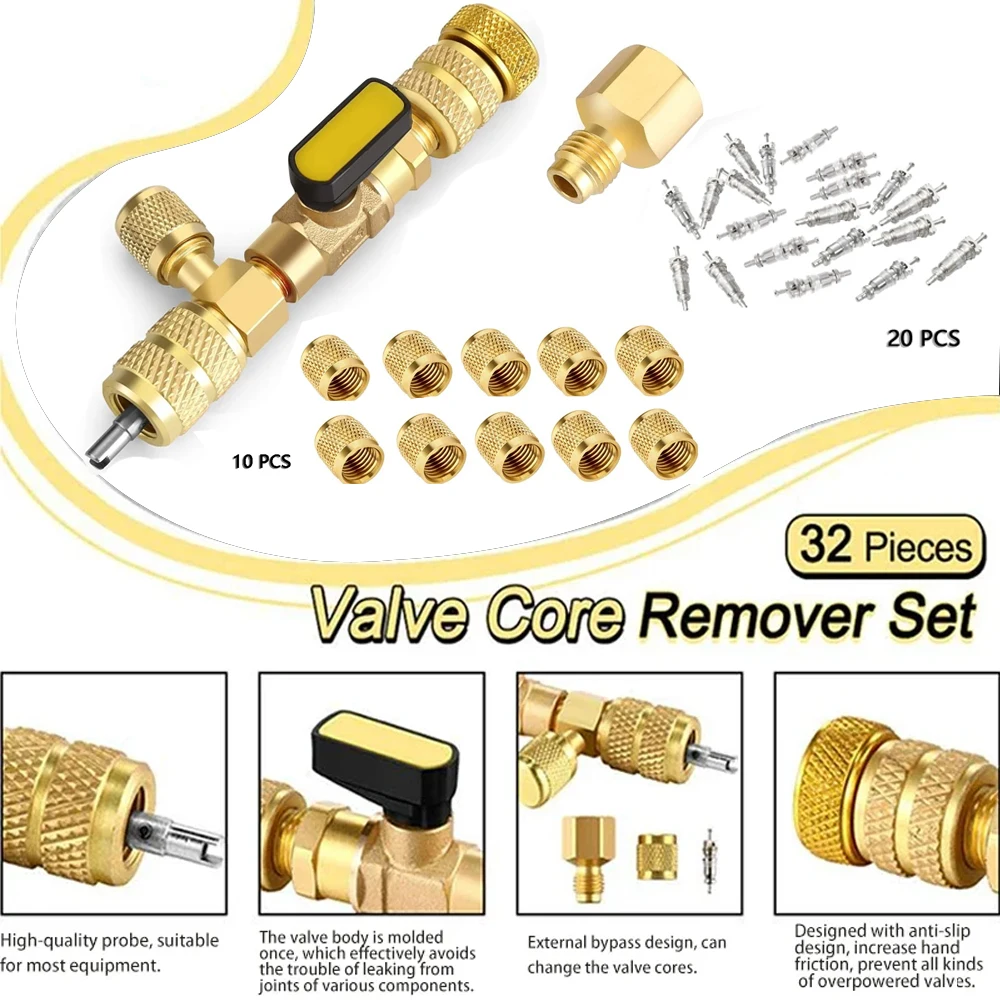 Valve Core Remover Installer Tool Kit with Dual Size 1/4 & 5/16 Port for With R22 R12 R407 R410 R404 R32 R600 HVAC System Repair