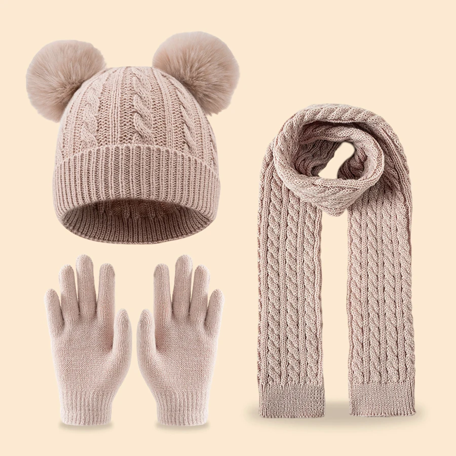 A winter cute double-ball fleece and thickened set of 3-14Y children's tassel scarves, hats and gloves