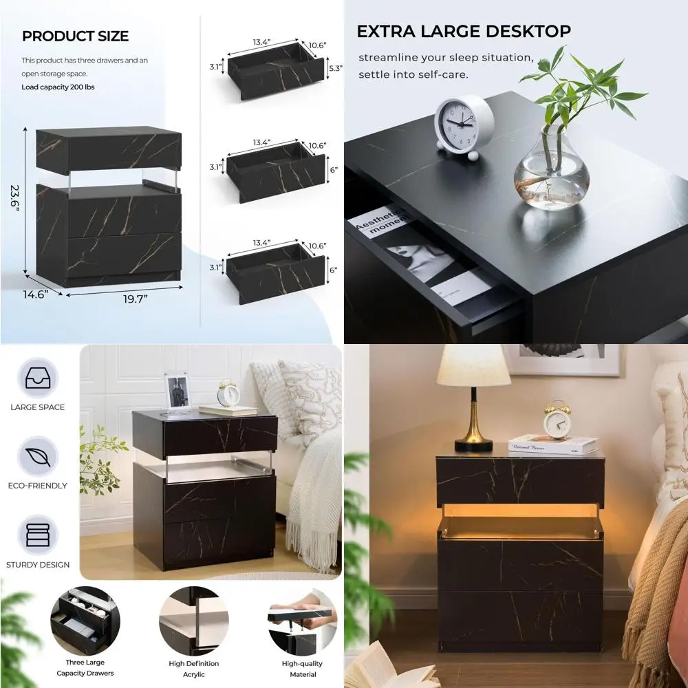 

Деревянная прикроватная тумбочка с 3 ящиками и LED-подсветкой для спальни