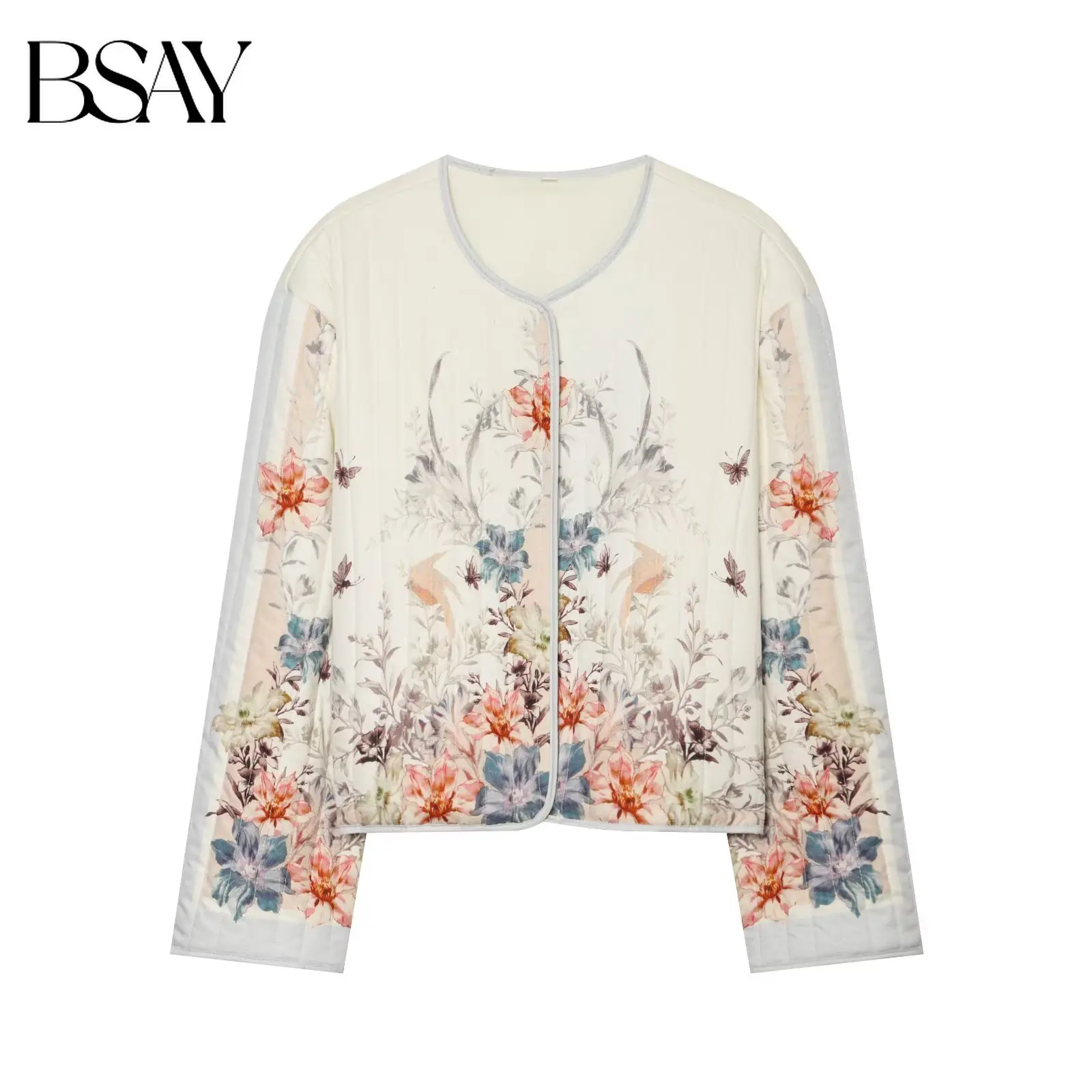 BSAY 2026 Women Fashion Versatile Round Neck Quilted Floral Print Jacket Open Front Long Sleeve Cropped Vintage Light Outerwear