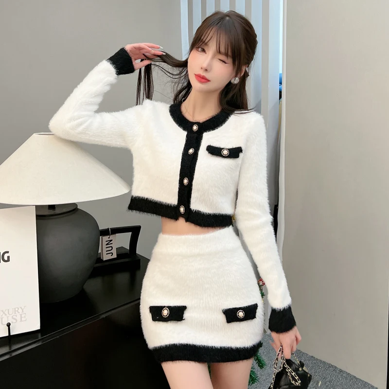 

Women Knit Sweater Mini Skirt Suits Two-piece Female Korean Winter Round Collar Pullover O-neck Tops Short Skirts Set Outfit