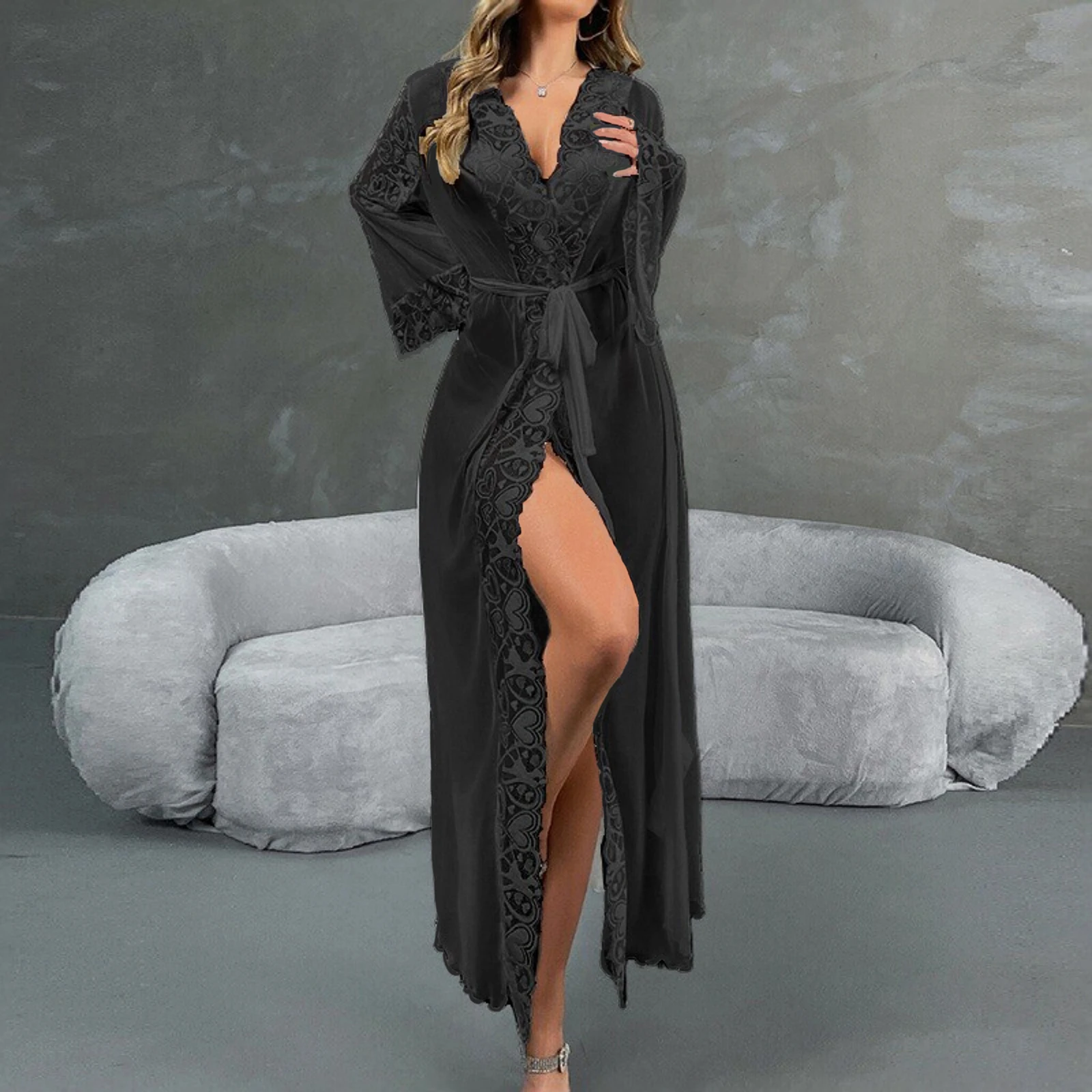 Women's Bathrobe Flare Long Sleeve See Through Hooded Lace Patchwork Nightgown with Belt