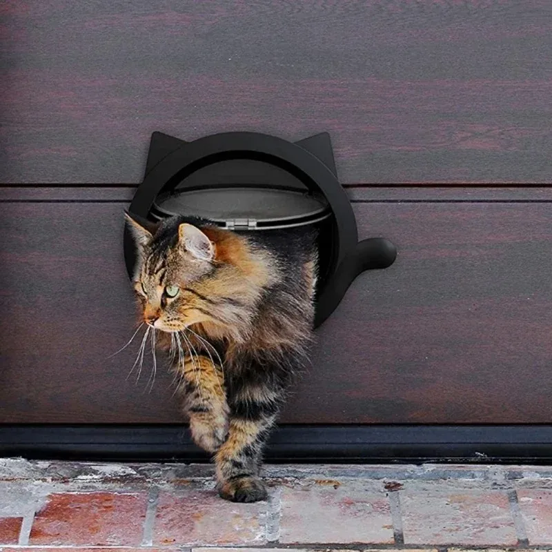small round cat door with 4 way lock, lockable safe pet plastic window gate for kennel, black white dog entry exit door