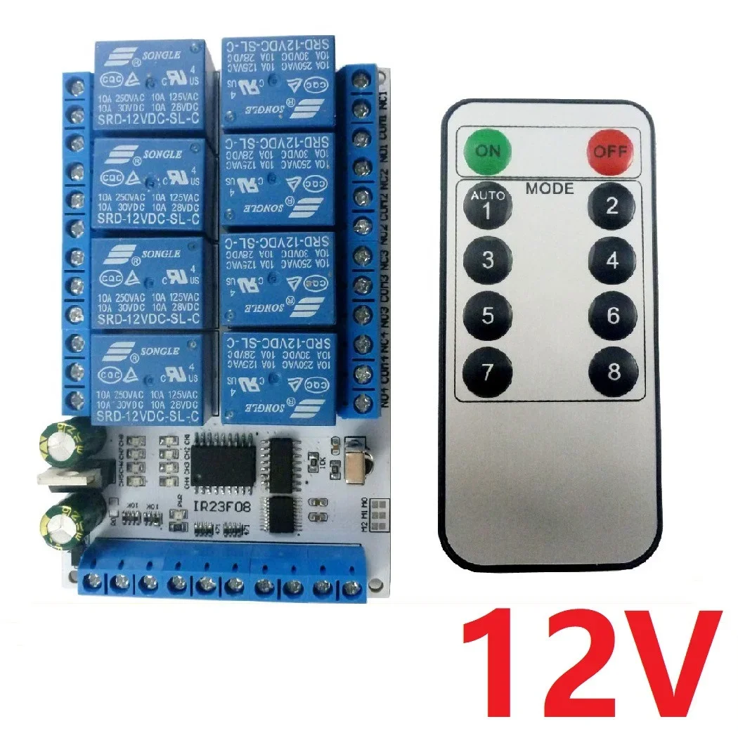 IR23F08 DC 5V 12V 8 Channel Multi-Function Infrared Remote Control Relay Module Four ModeS NPN Trigger Time Delay Relays