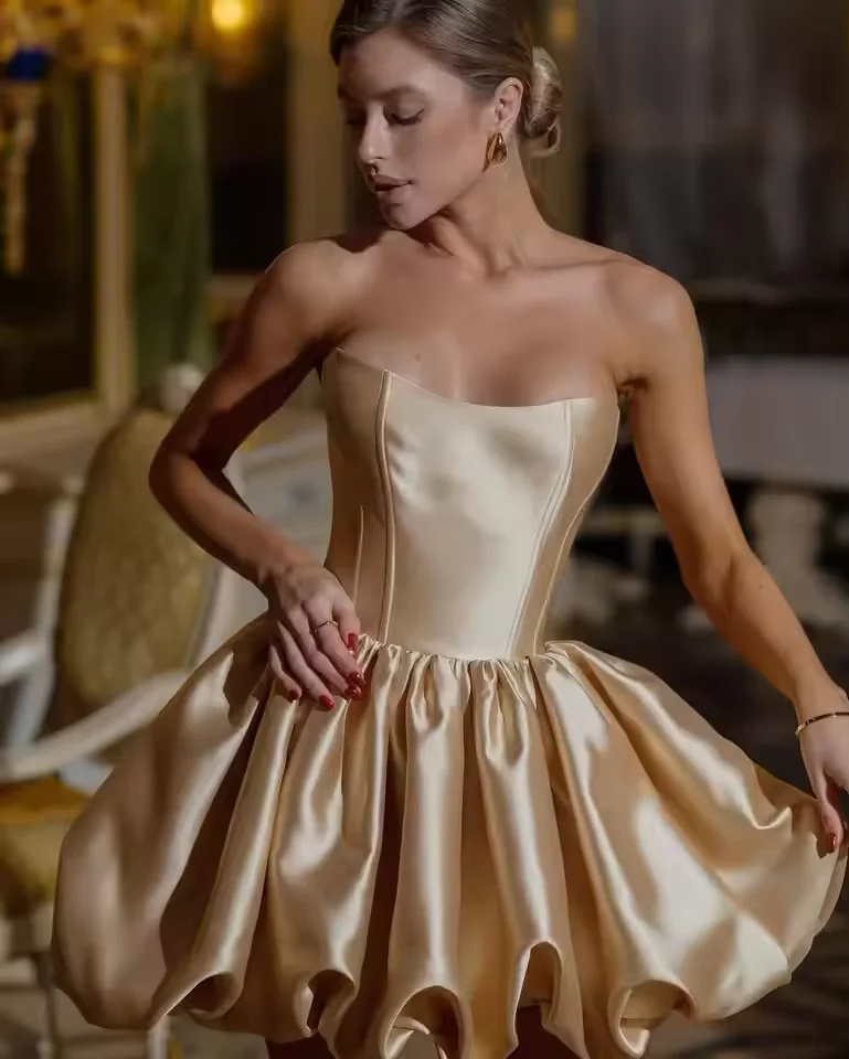 فستان حفلات قصير على شكل قلب مخصص بدون حمالات على شكل حرف a من الساتان الشمبانيا فستان حفلات أعياد الميلاد مشد خلفي لحفلات العودة للوطن #4