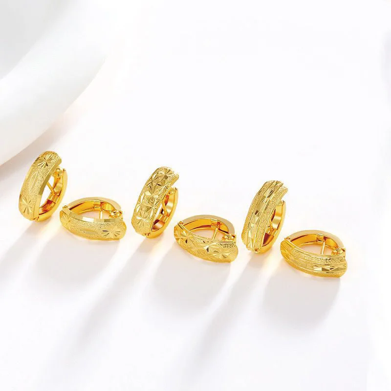 Engraving No Stone Hoop Earrings for Women Fashion Jewelry Pure Gold Color