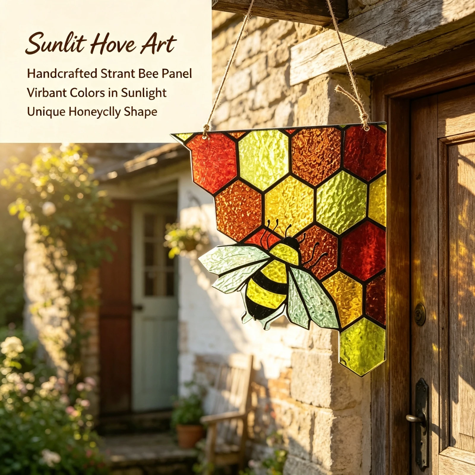 Stained Glass Bee Suncatcher Hanging, Acrylic Honeycomb Window Corner Decoration, Home Garden Room Wall Art, Ornament Gift Decor