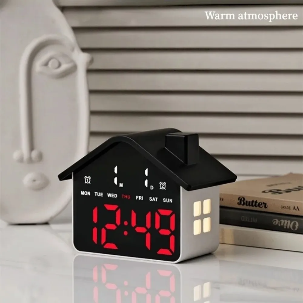 House-shaped LED Digital Alarm Clock Date Week Brightness Adjustment 12/24H Alarm Clock with Night Light Table Clock for Bedroom