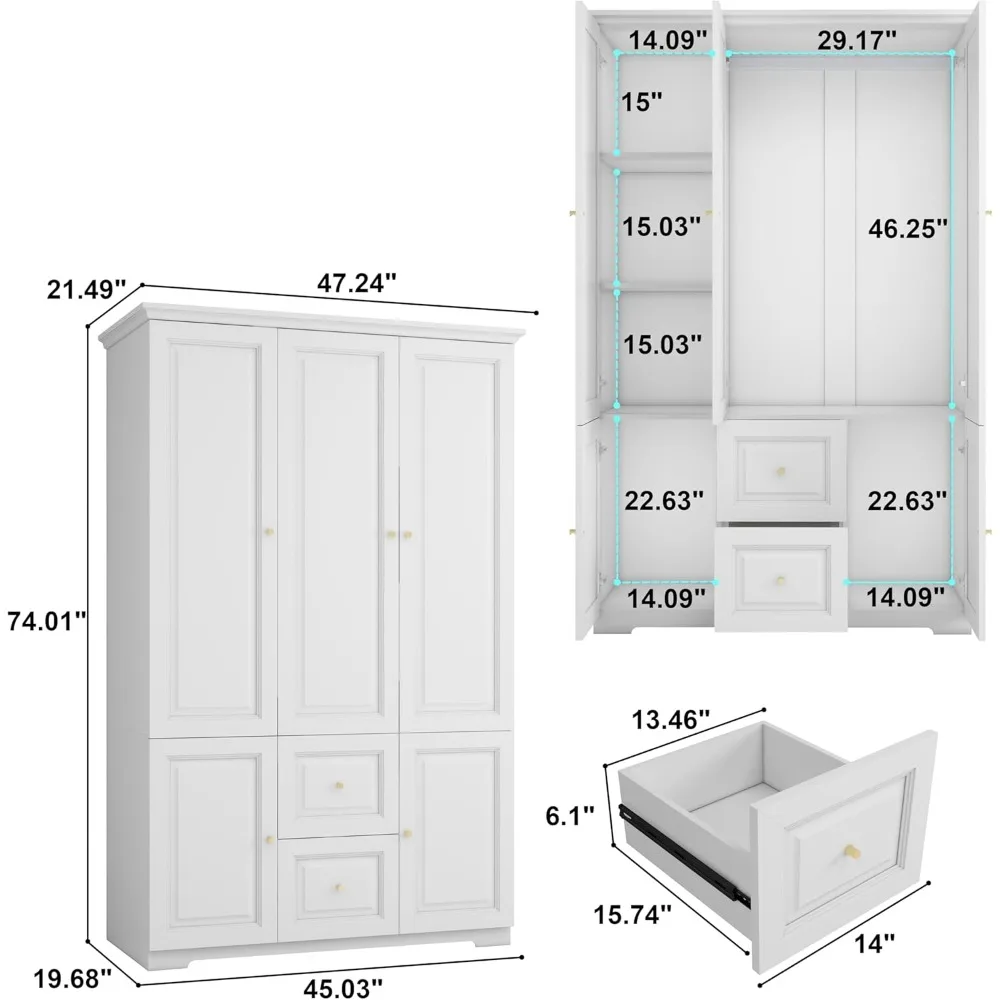 Bedroom Armoires Wardrobe Closet with 3 Doors: 74