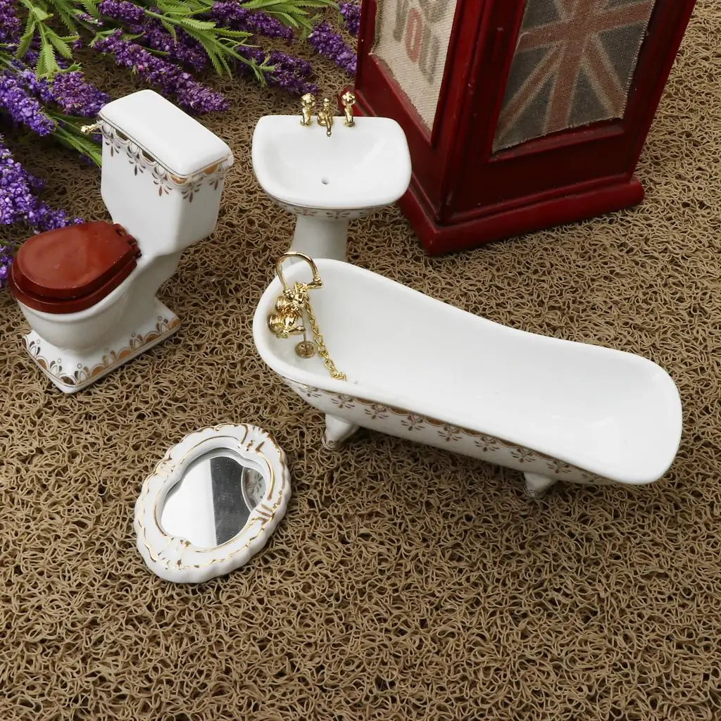 4  Exquisite Workmanship And Beautiful Design Ceramic Bathroom Set /12 Miniature Dollhouse(Include Bathtub Toilet Sink Mirror)