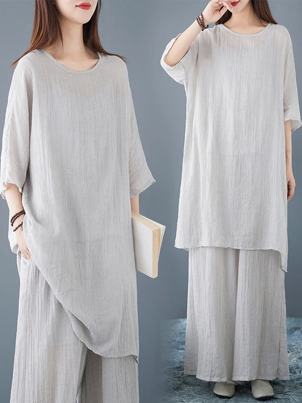 

Летний комплект с длинным верхом и широкими брюками Ele, женская легкая льняная шелковая футболка, модный комплект в стиле дзен...