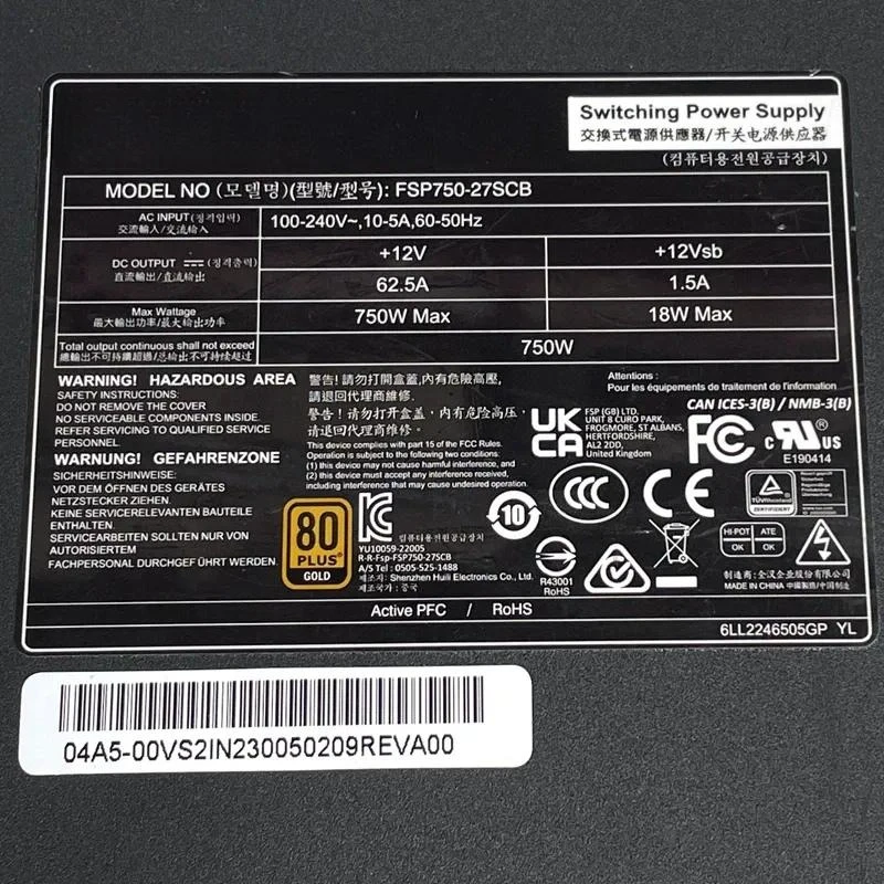 FSP750-27SCB 750W Gold SFX Power Supply for 12VO Small Form Factor PC Mainboard 10Pin Module