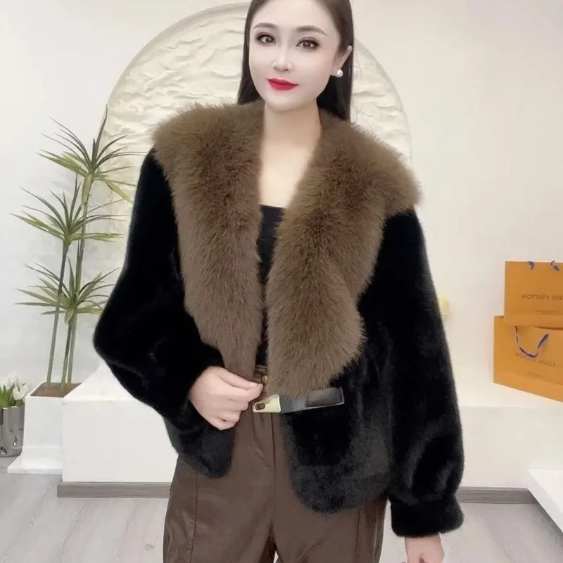 Luxury High Quality Fur Collar Faux Fur Coat Women's Autumn Winter Fur Jacket Warm Lapel Collar Fluffy Soft Jacket Loose Top