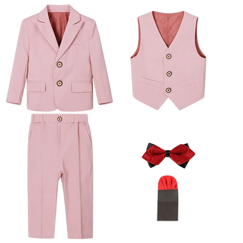 Boys Formal Jacket Vest Pants Bowtie+Pocket Cloth 5Pieces Wedding Birthday Party Dress Kids Pink Piano Host Performance Costume