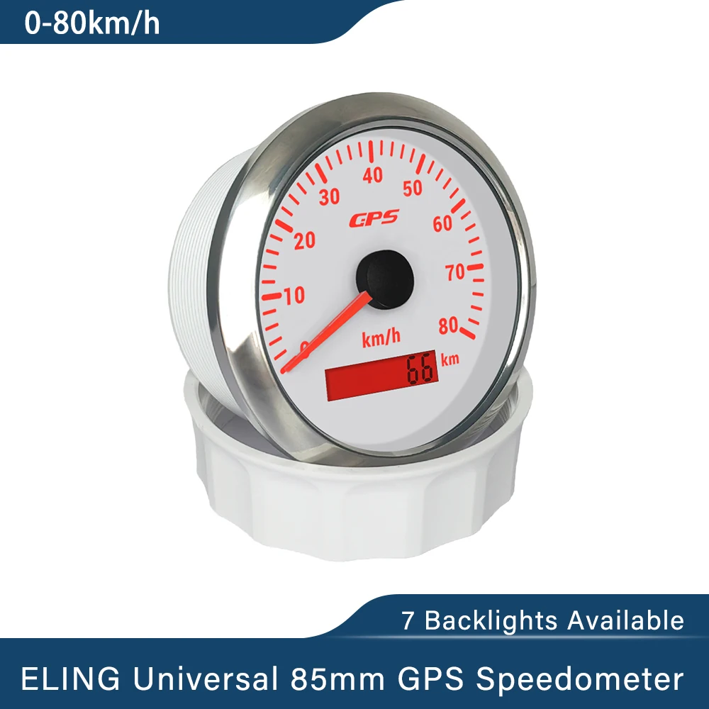 ELING 85mm (3 3/8'') GPS Speedometer Odometer 0-80km/h with 7 Color Backlights for Truck Boat Car Universal 12V 24V