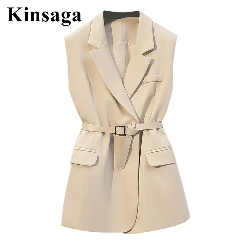 Women Street Blazer Vest Lapel Collar Sleeveless Cardigan Coat Belted Waistcoat Outwear Office Lady Workwear Korean Style Outfit