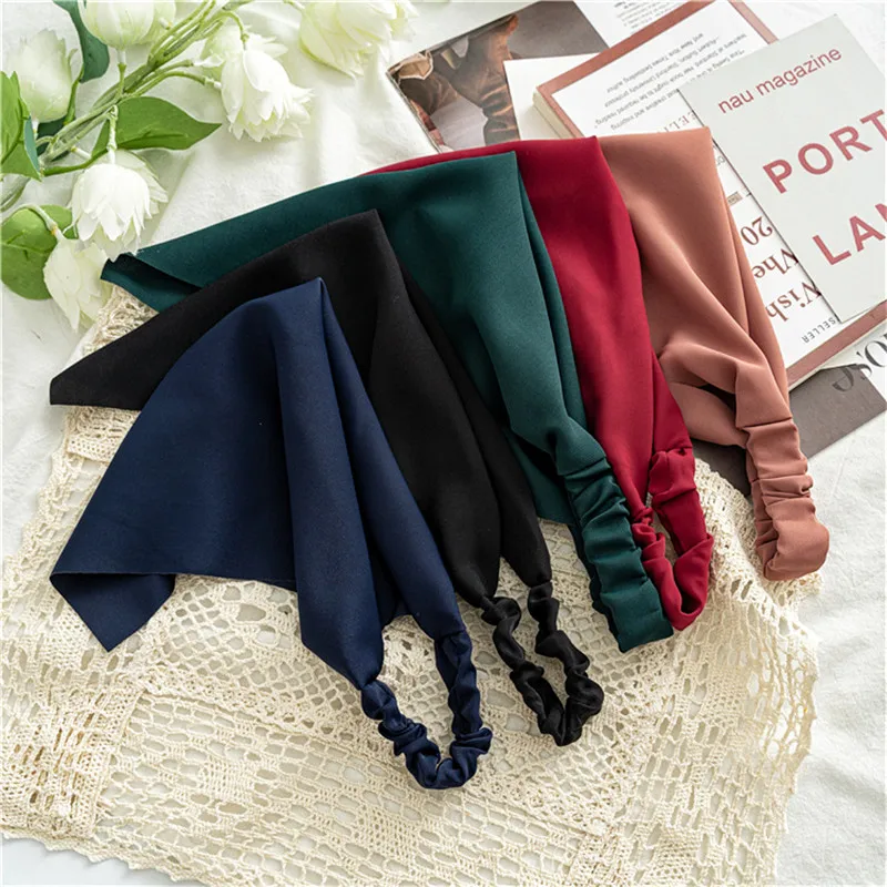 Bandanas chiffon triangulares vintage para mulheres, lenço de cabeça monocromático, faixas de cabelo elásticas para meninas, acessórios de cabelo