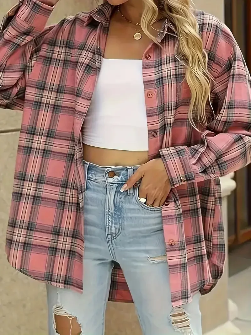 

Plus Size 1XL-5XL Women's Long Sleeve Plaid Print Casual Polo Collar Button Front Shirt Women Fashion Plus Size Clothing