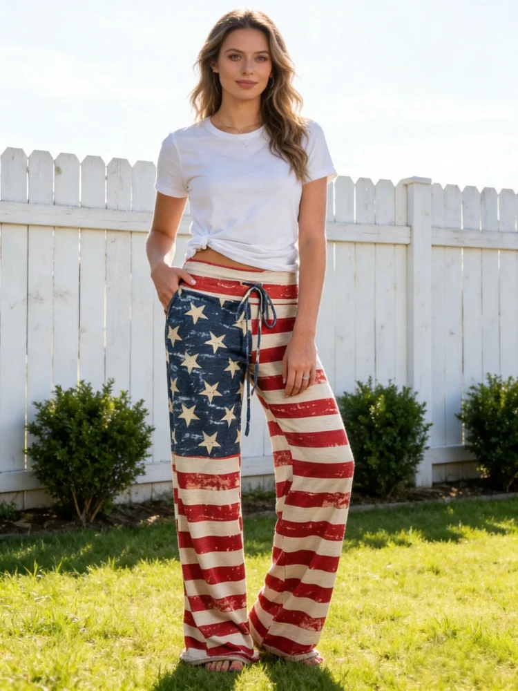Pantaloni a gamba larga con bandiera USA da donna taglie forti Pantaloni comodi casual con coulisse elastica a vita alta