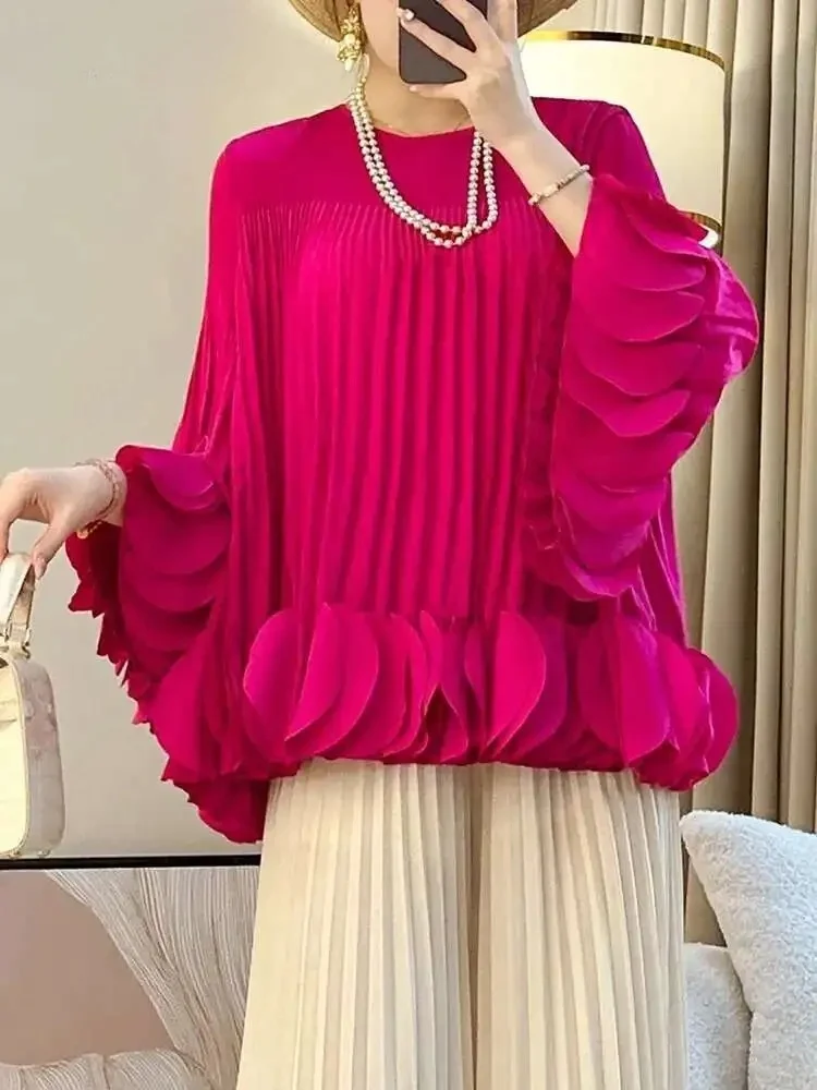 Fold Miyake Pleated Appliques T Shirt Women Round Collar Full Sleeve Solid Color A Line Loose Fashion Pullover New 2025 Tops