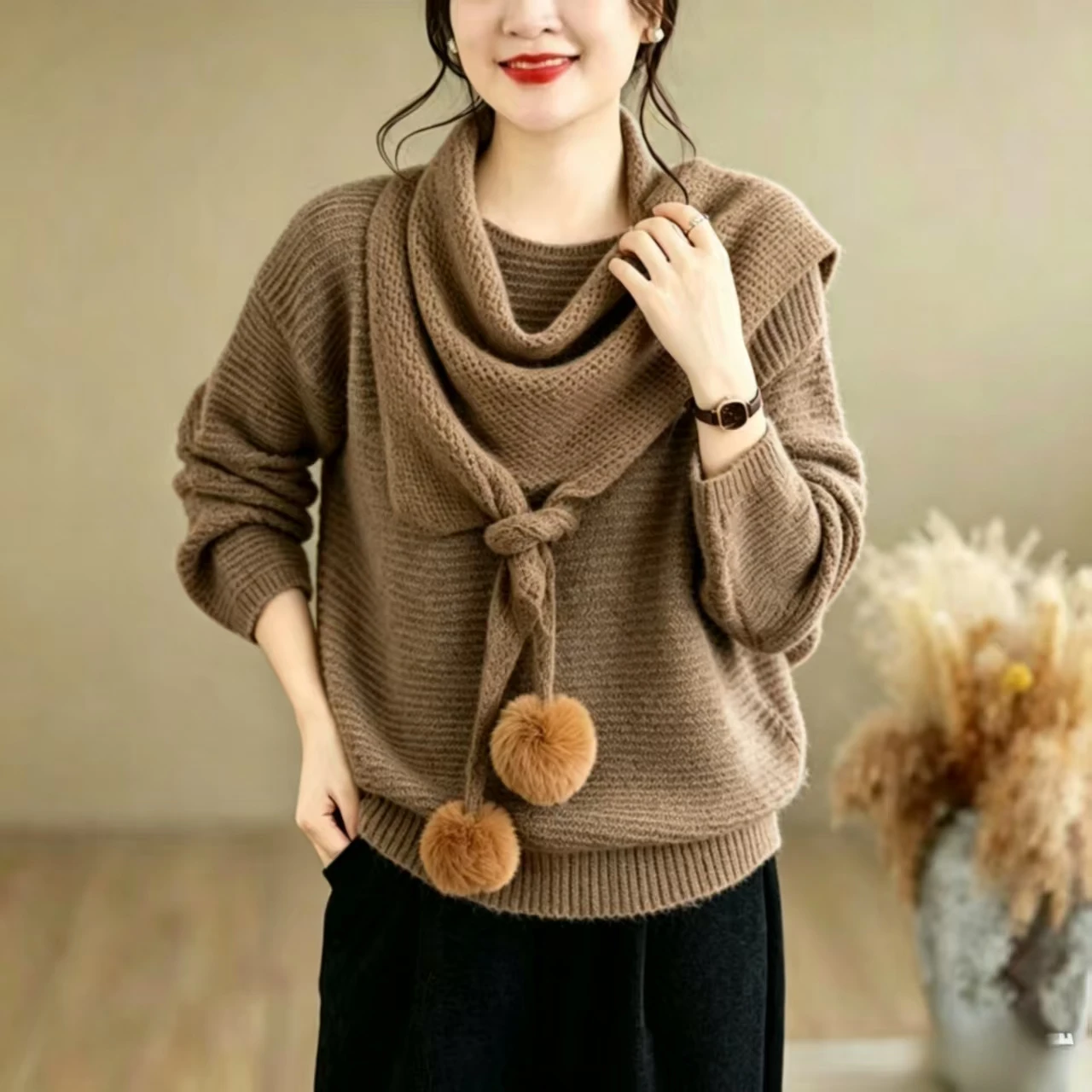 Ladies Thickened Warm Casual Style Knitted Sweater And Scarf Two-Piece Set Autumn Winter Loose Fit Comfortable Top Coat