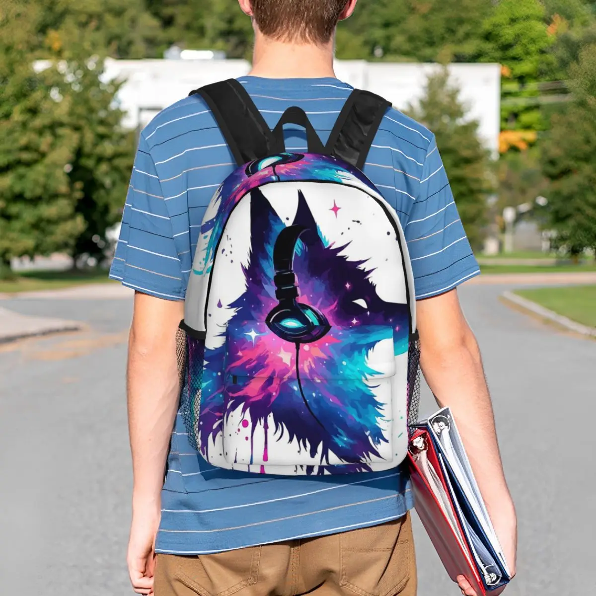 Neon Graffiti Wolf With Headphone Backpack Student BookBag Children School Bag Computer Shoulder Bags for Men Women