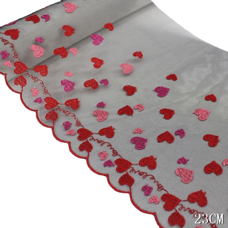 23CM Wide Tulle Black Red Embroidery Heart-shape Mesh Lace Fabric for Fringed Party Wedding Dress Curtains Decor Sewing Supplies