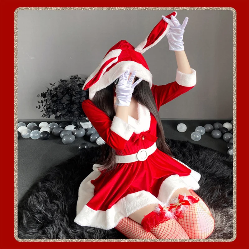 Disfraz de Cosplay de Navidad para niña, vestido rojo de Papá Noel, sudadera con capucha con Orejas de conejo, vestido de sirvienta Sexy, uniforme de actuación para fiesta de escenario