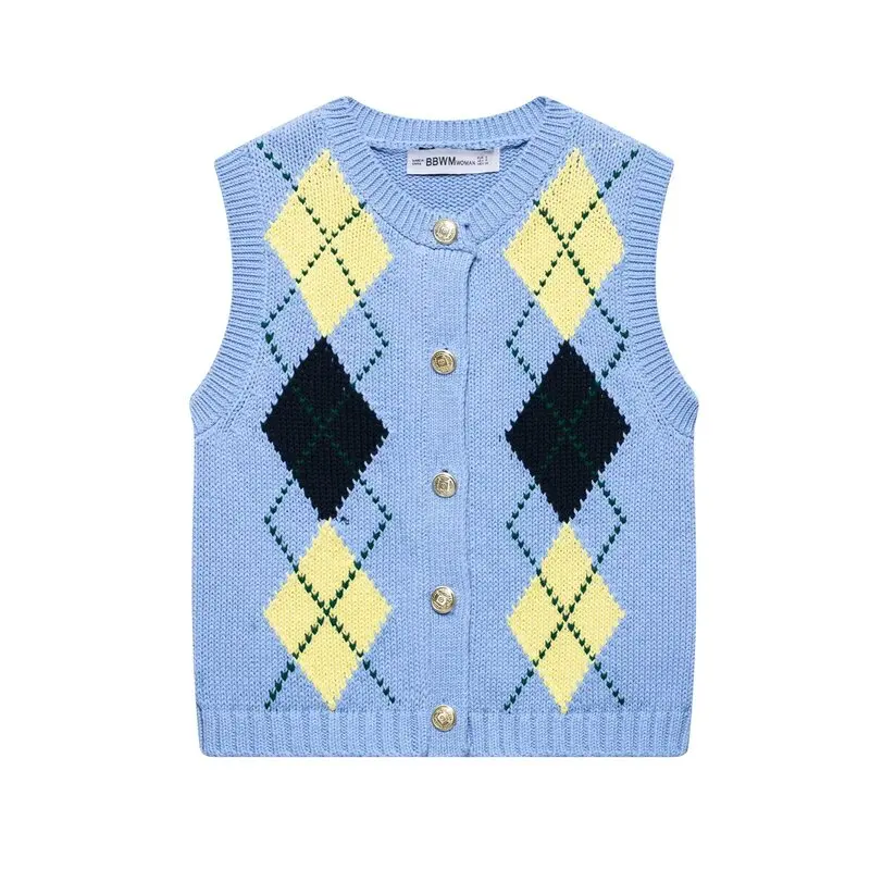 

2025 Summer New Women's Knitted Vest Diamond Pattern Svel round Ne ort Sve Cardigan Regular Length Commute Sle