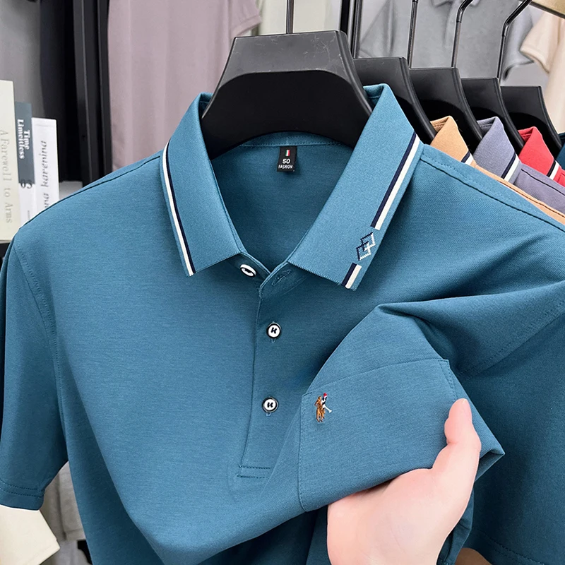 

High end brand light luxury pocket short sleeve polo shirt men summer exquisite pony embroidery silky smooth breathable T-shirt