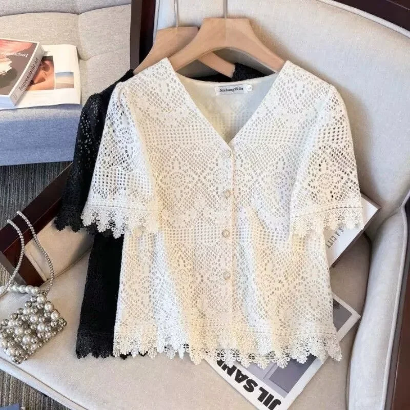 Women's Shirts New Fashion Openwork Lace Blouse Women's Spring and Summer Plus Size Loose Blouse Blouse Fashion V-neck Cardigan