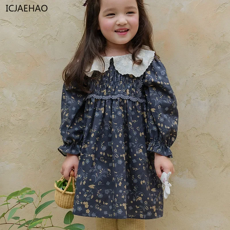 

ICJAEHAO 2024 Children South Korea Baby Girls Costume Embroidered Lace Lapel Bubble Sleeve Floral Dress Kid's Autumn Clothes