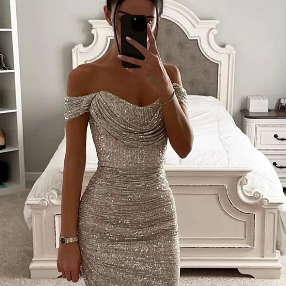 Sequined Evening Gown Sexy Low-cut Off Shoulder Slim Fit Bodycon Dress Shinny Sequins Irregular Hem Cocktail Party Midi Dress