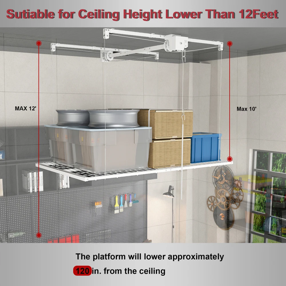 White Overhead Garage Storage Rack 4x8 FT for High Ceilings 10-12 FT, 350LBS Capacity All-Steel Construction with Safety Lock (Installation Required, Heavy-Duty Garage Organizer) view 4